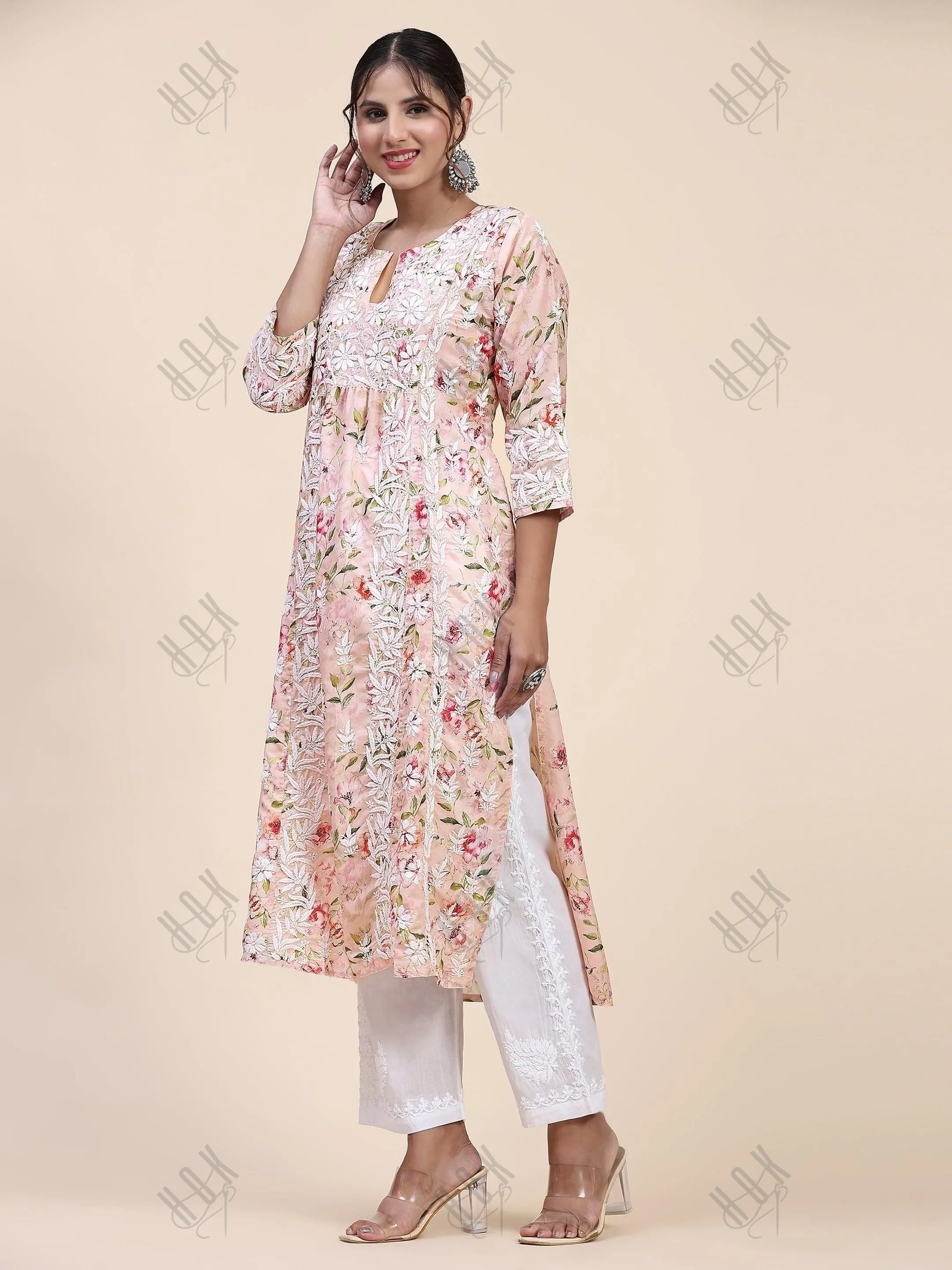 Farheen in Chikankari Long Kurta in Muslin Cotton for Women- Pink Print