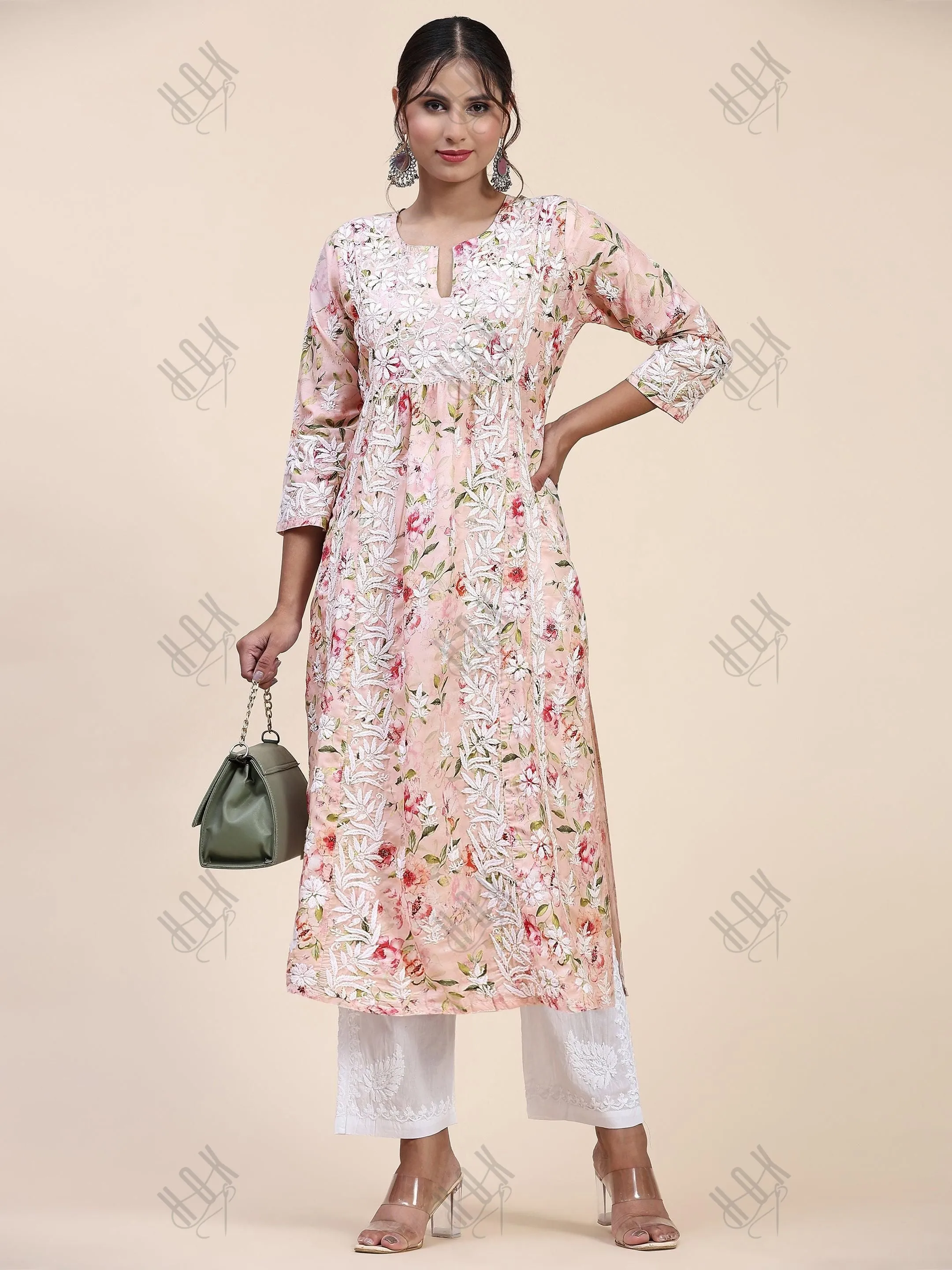 Farheen in Chikankari Long Kurta in Muslin Cotton for Women- Pink Print