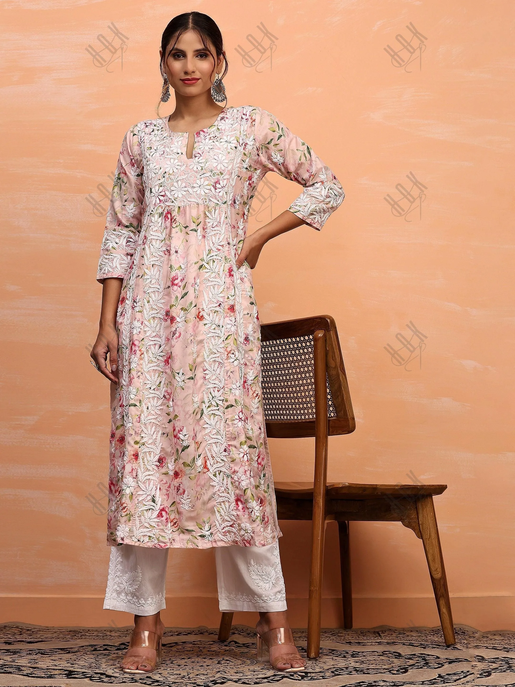 Farheen in Chikankari Long Kurta in Muslin Cotton for Women- Pink Print