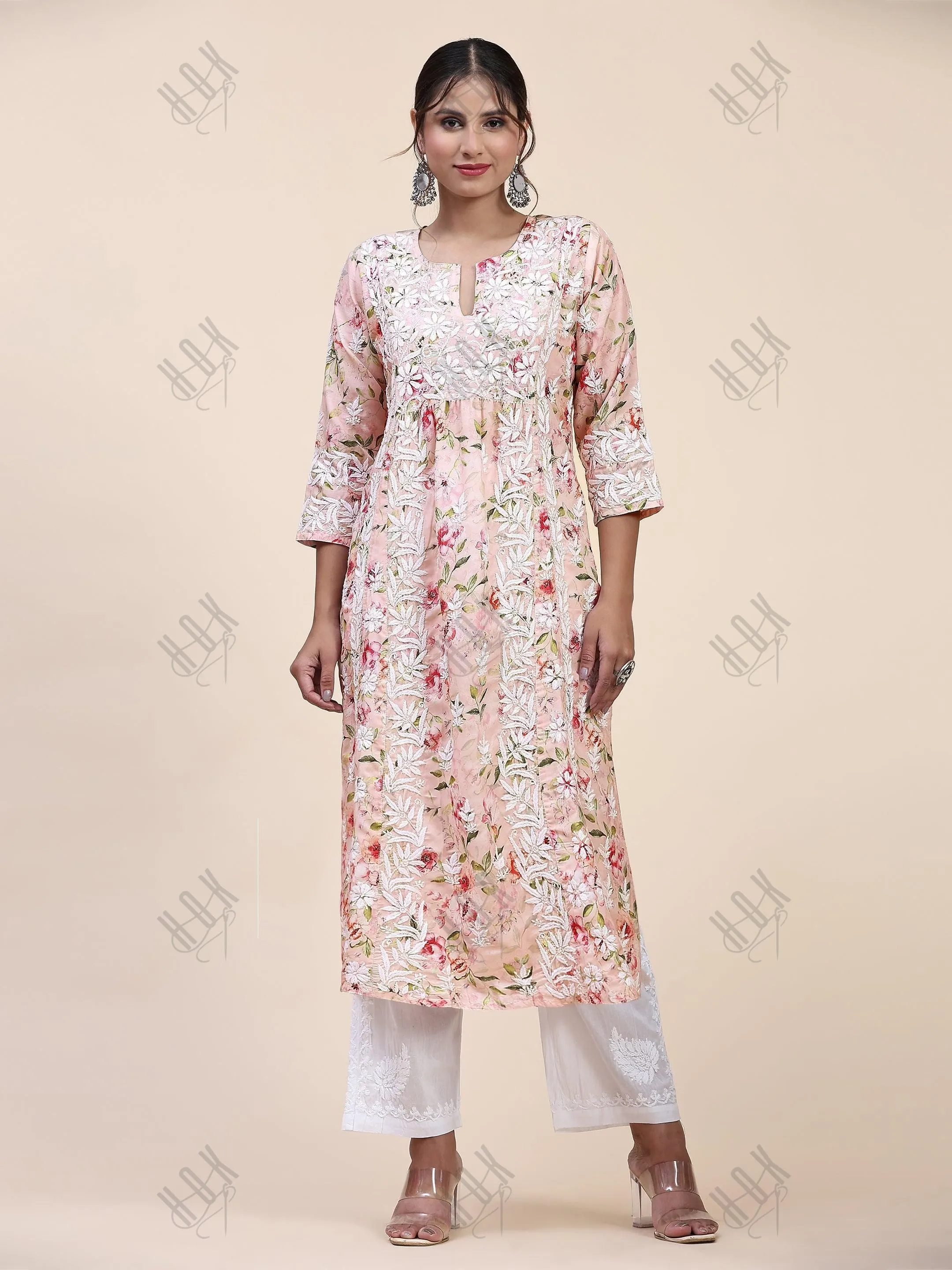 Farheen in Chikankari Long Kurta in Muslin Cotton for Women- Pink Print