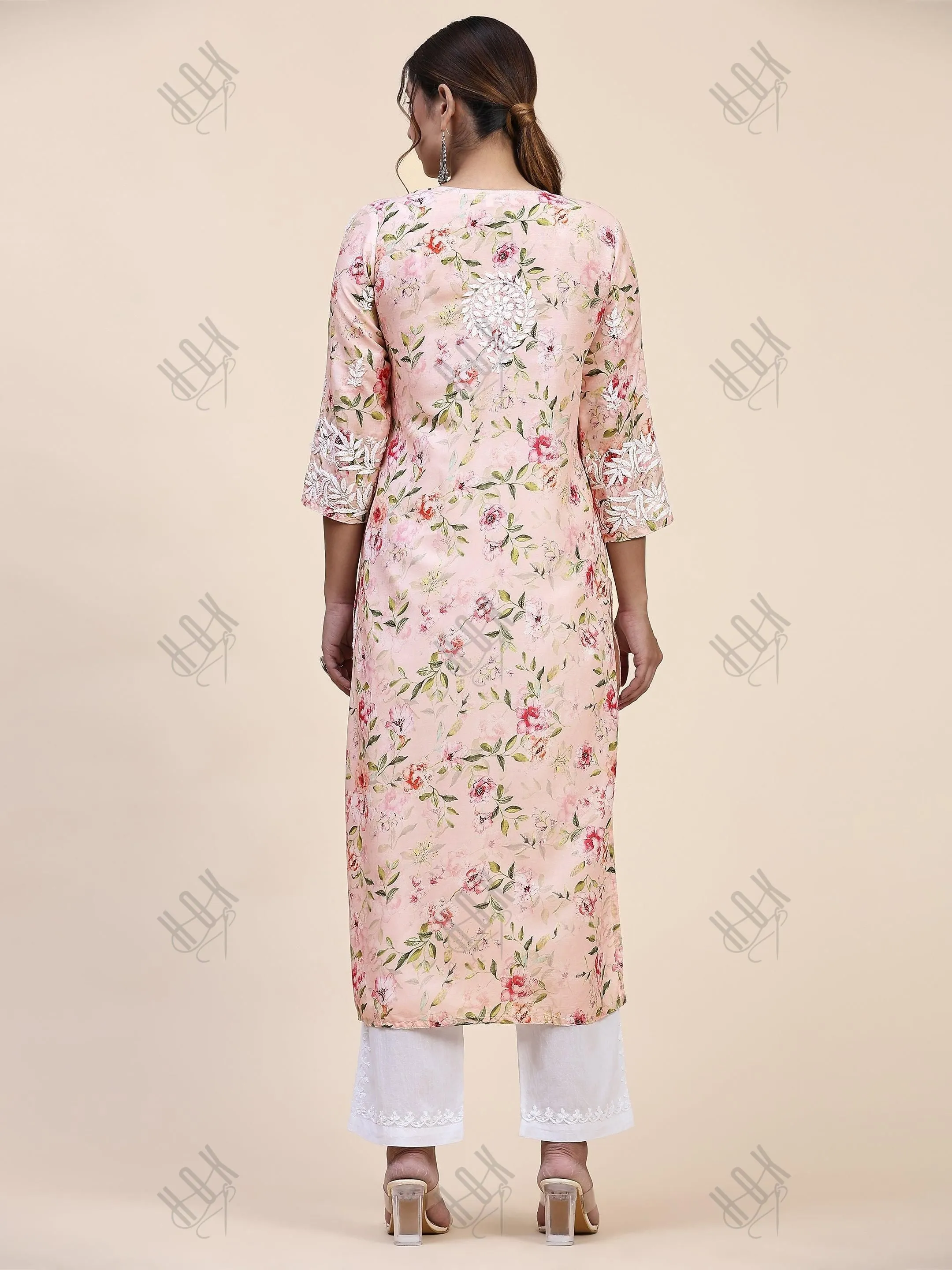 Farheen in Chikankari Long Kurta in Muslin Cotton for Women- Pink Print