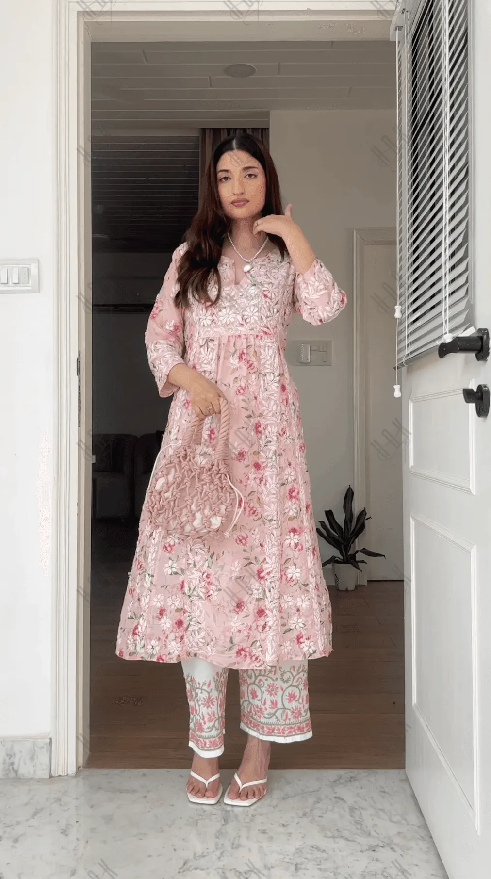 Farheen in Chikankari Long Kurta in Muslin Cotton for Women- Pink Print