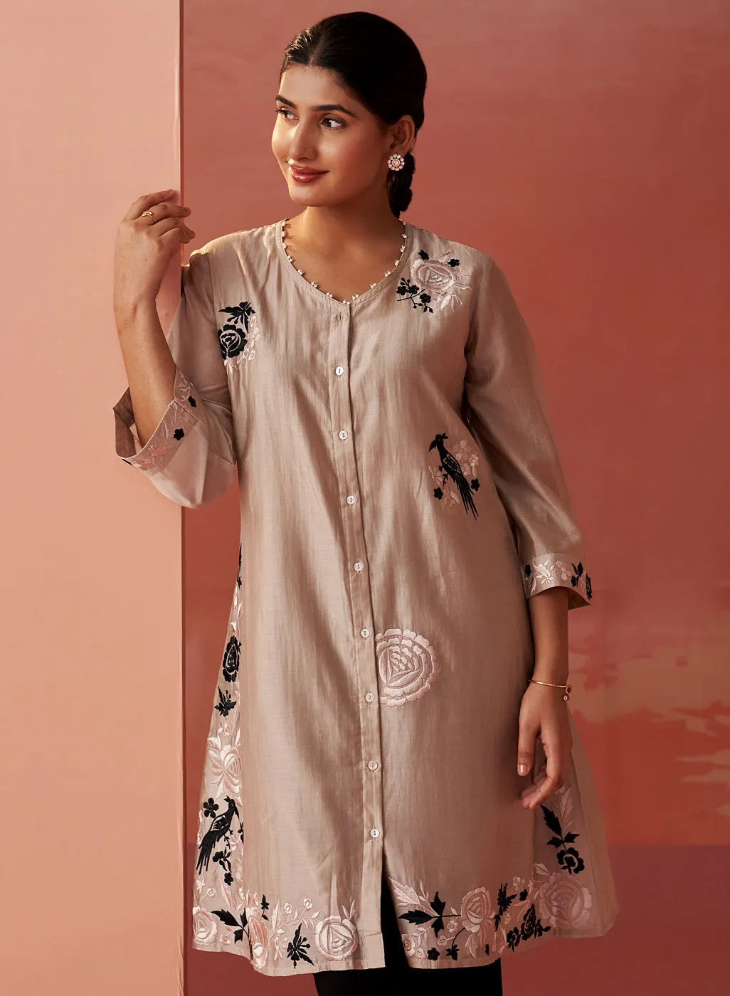 Farida Beige Embroidered Chanderi Tunic for Women