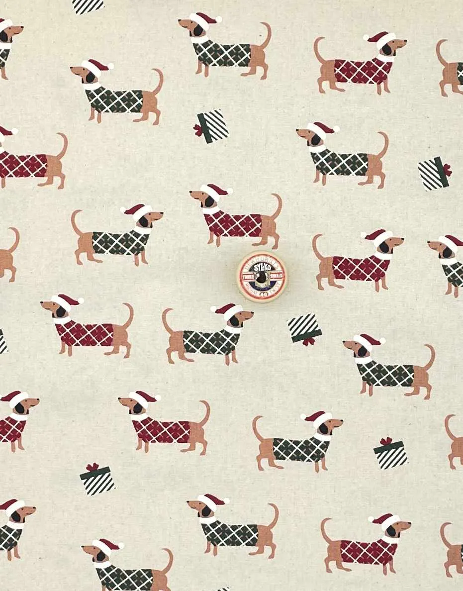 Festive Sausage Dogs on Natural Christmas Fabric