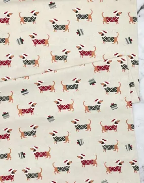 Festive Sausage Dogs on Natural Christmas Fabric