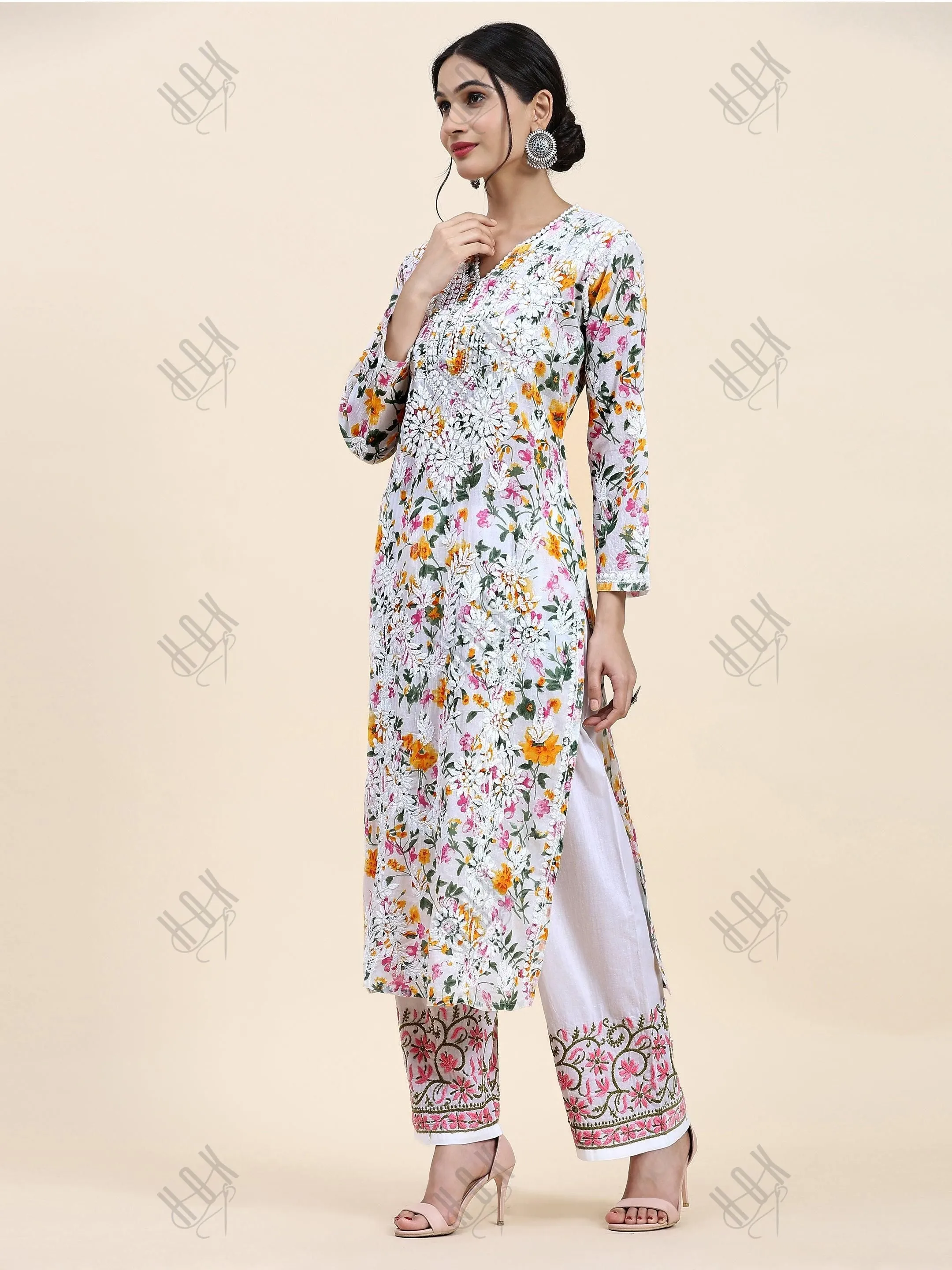 Fizaa Chikankari Long Kurta in Mul Cotton for Women - Yellow with Purple Flower