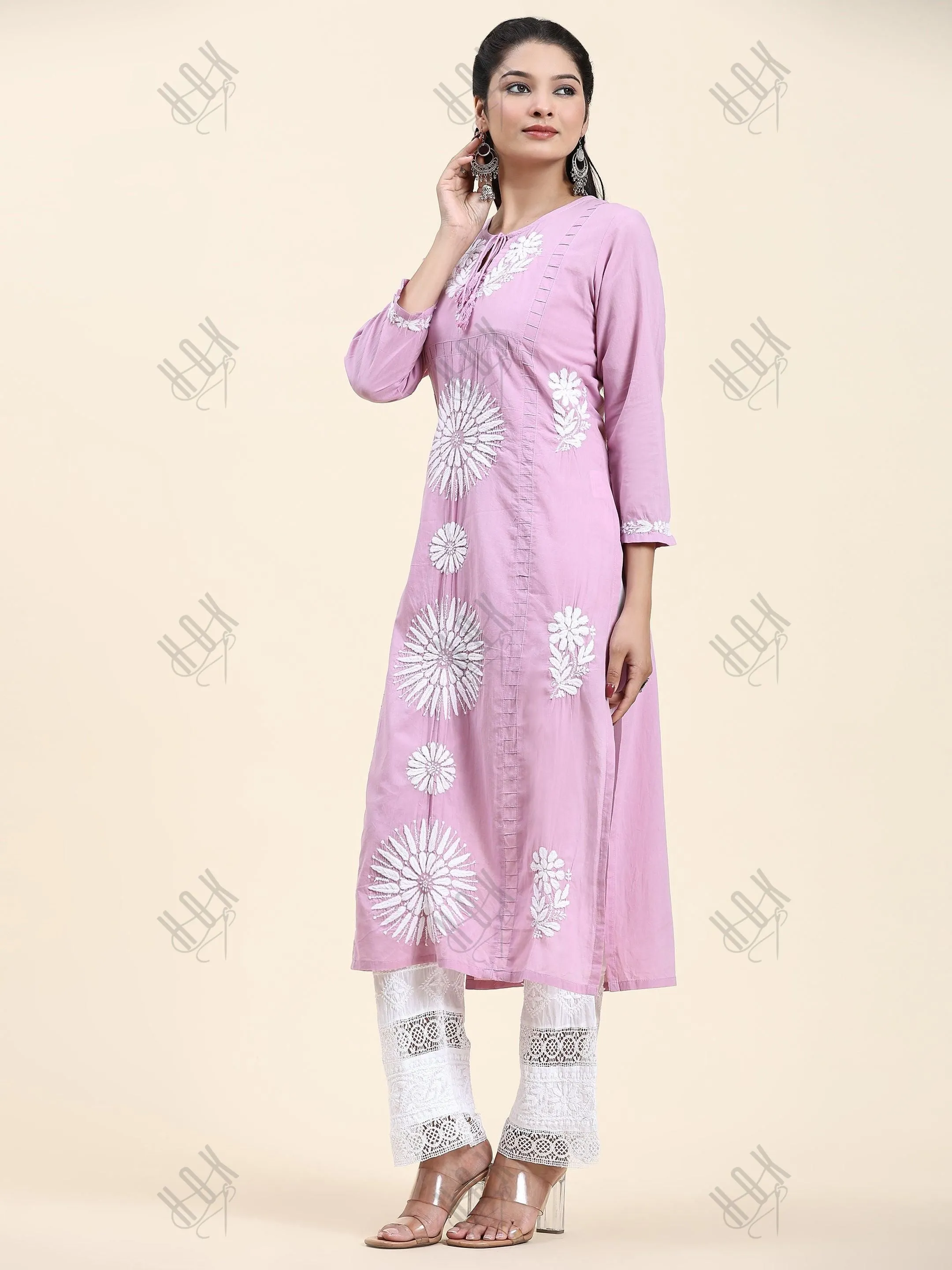 Fizaa Chikankari Long Kurti In Cotton for Women- Lavender