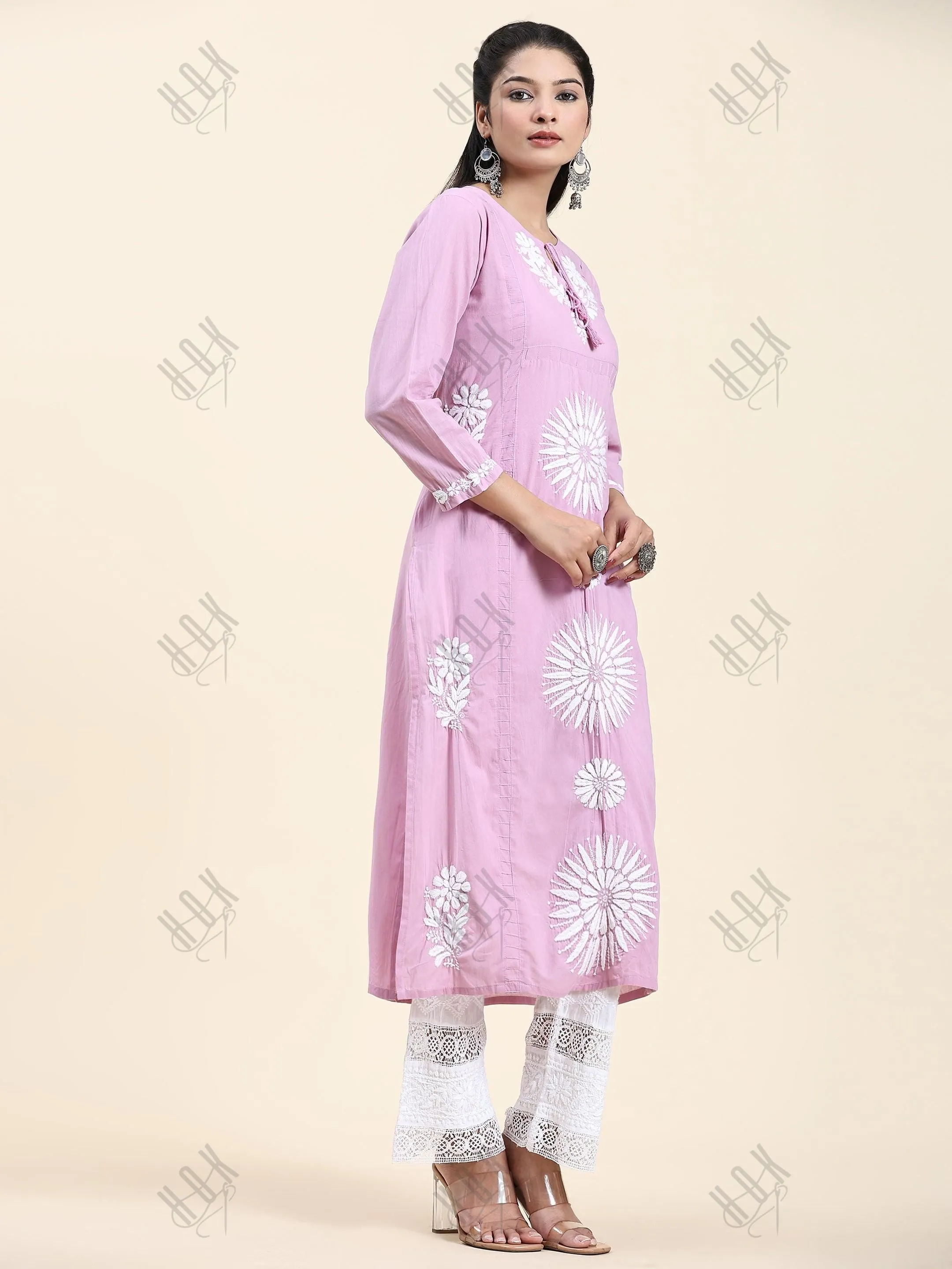 Fizaa Chikankari Long Kurti In Cotton for Women- Lavender