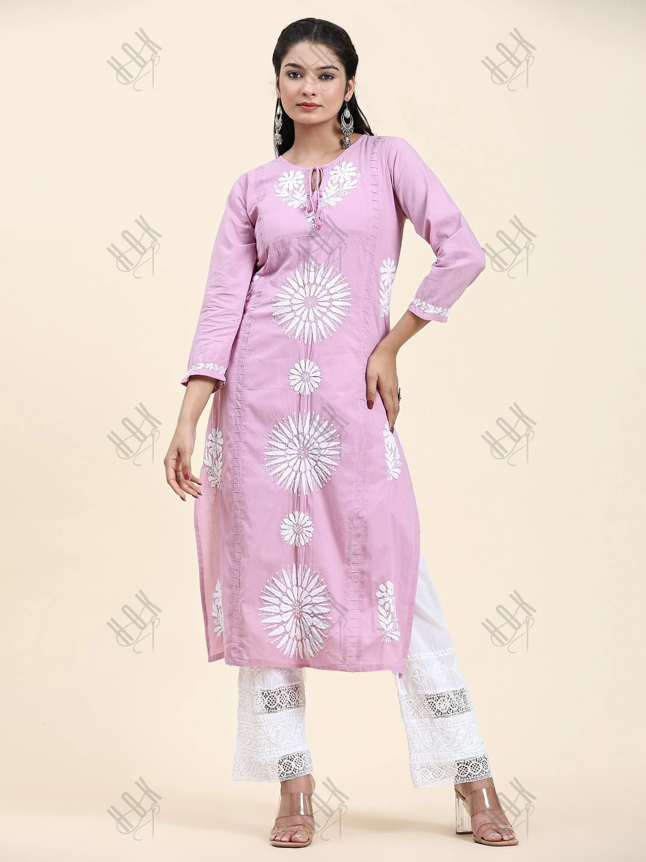 Fizaa Chikankari Long Kurti In Cotton for Women- Lavender