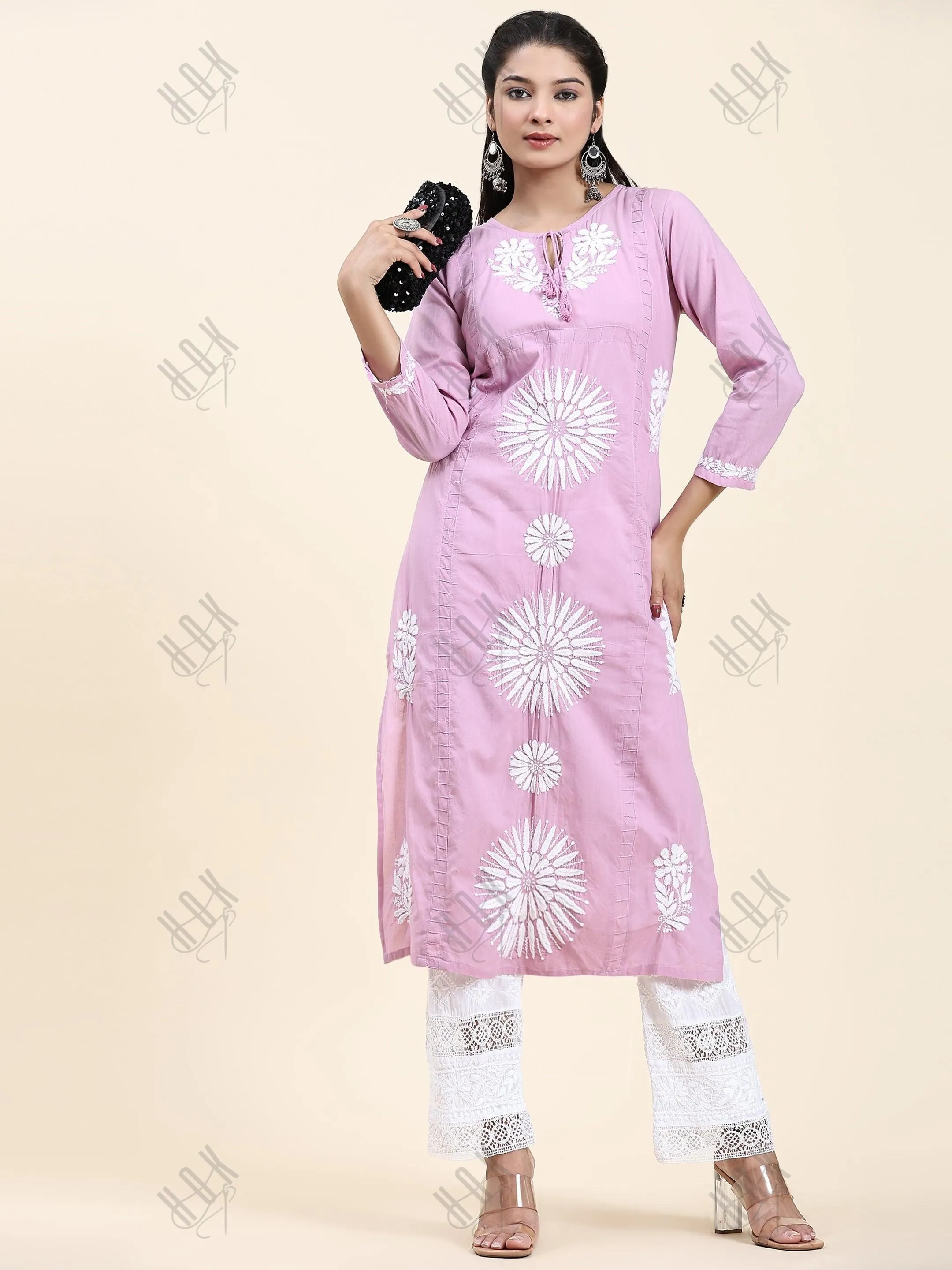 Fizaa Chikankari Long Kurti In Cotton for Women- Lavender