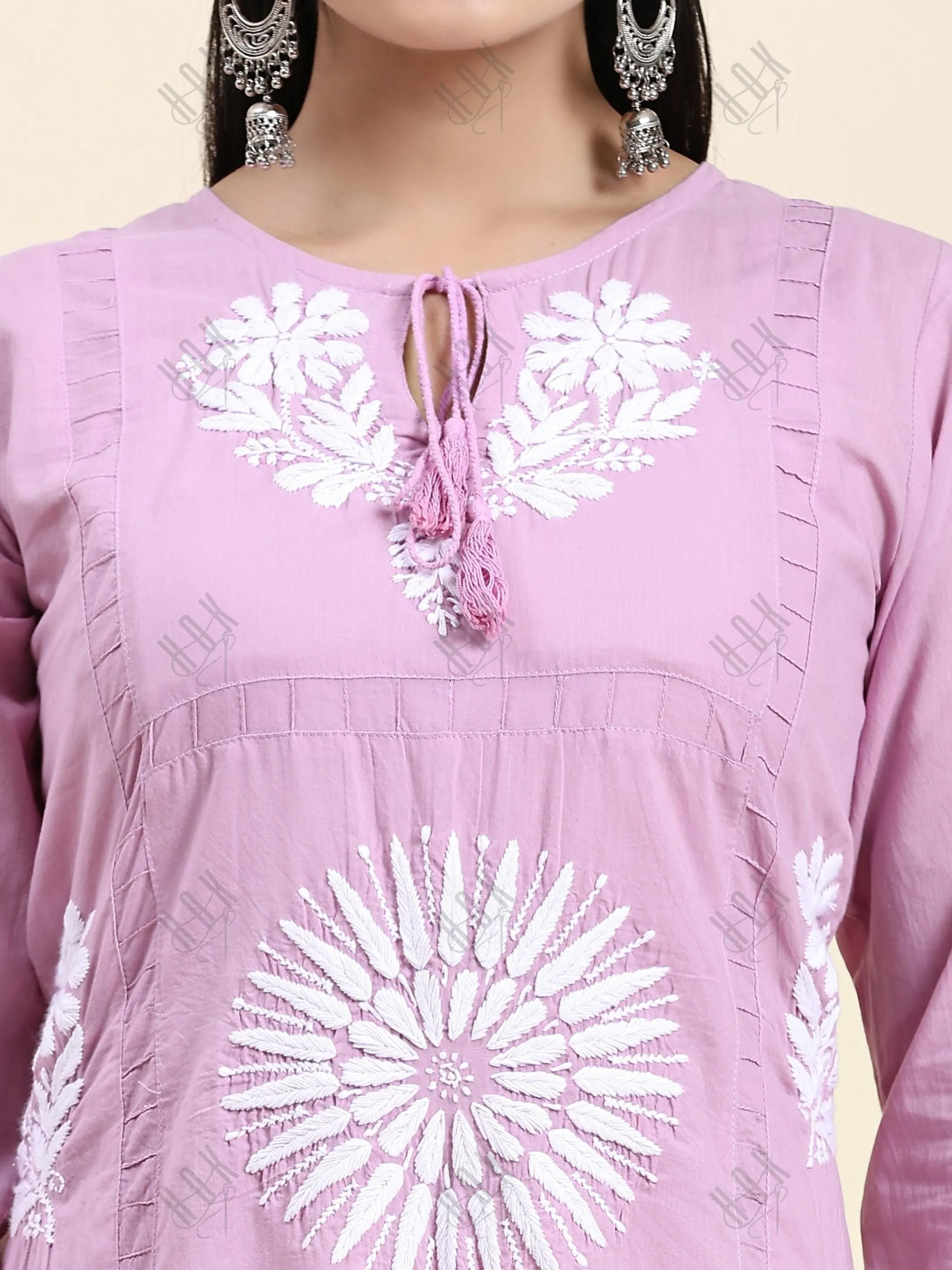 Fizaa Chikankari Long Kurti In Cotton for Women- Lavender