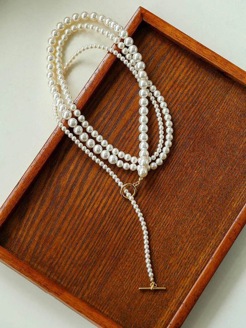 Gradient Pearl Long OT Clasp Necklace Sweater Necklace