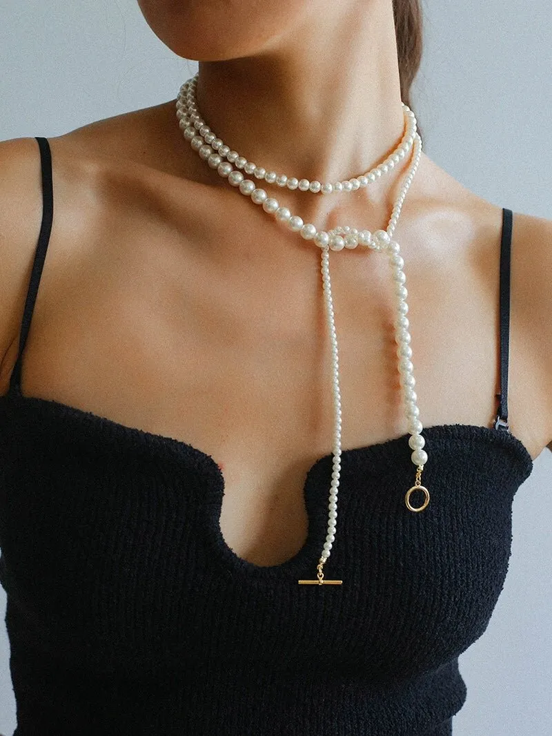 Gradient Pearl Long OT Clasp Necklace Sweater Necklace