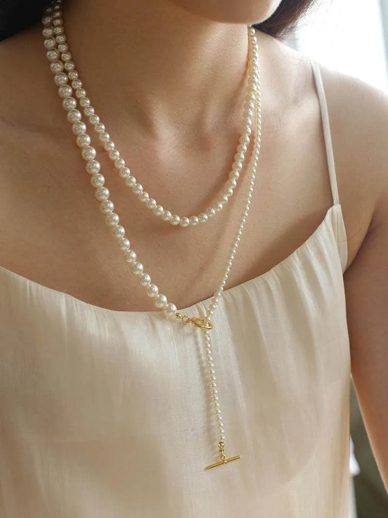 Gradient Pearl Long OT Clasp Necklace Sweater Necklace