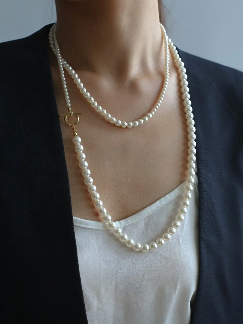 Gradient Pearl Long OT Clasp Necklace Sweater Necklace