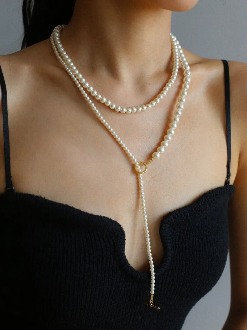 Gradient Pearl Long OT Clasp Necklace Sweater Necklace