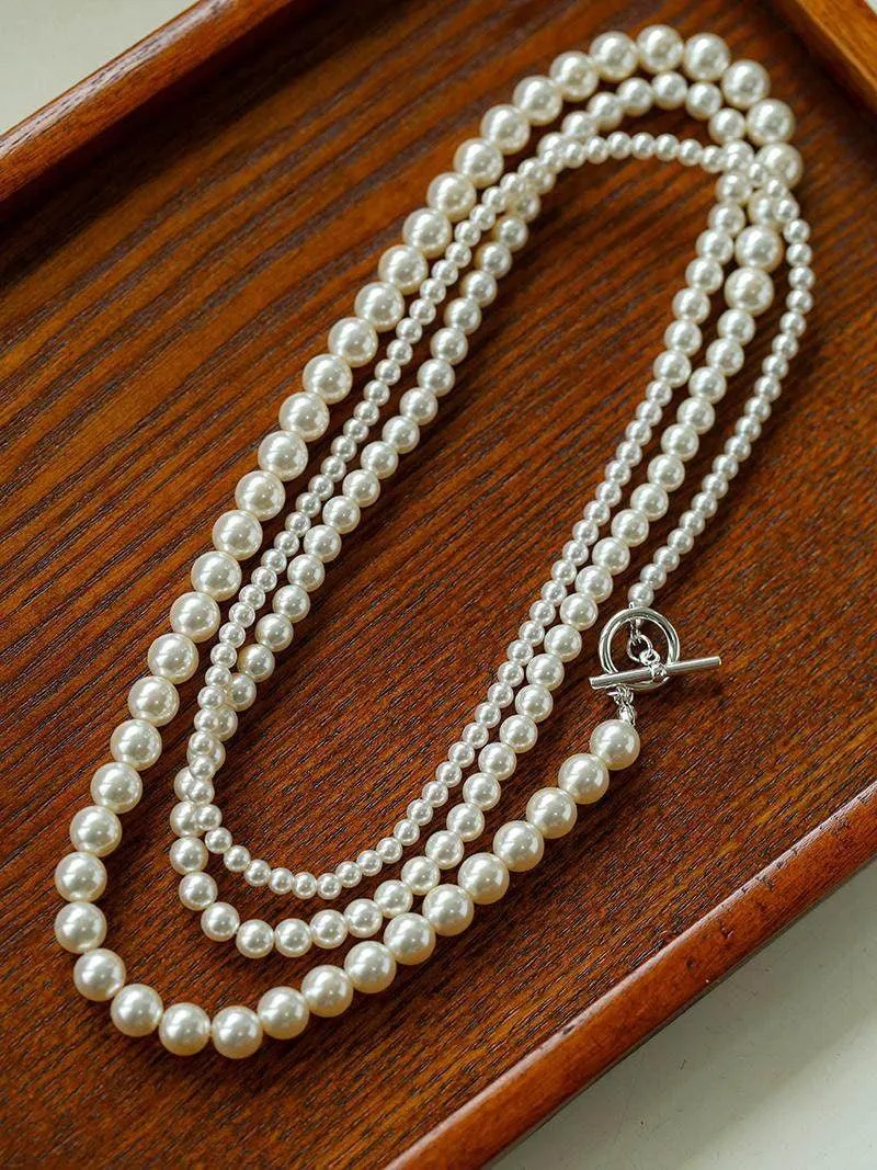 Gradient Pearl Long OT Clasp Necklace Sweater Necklace