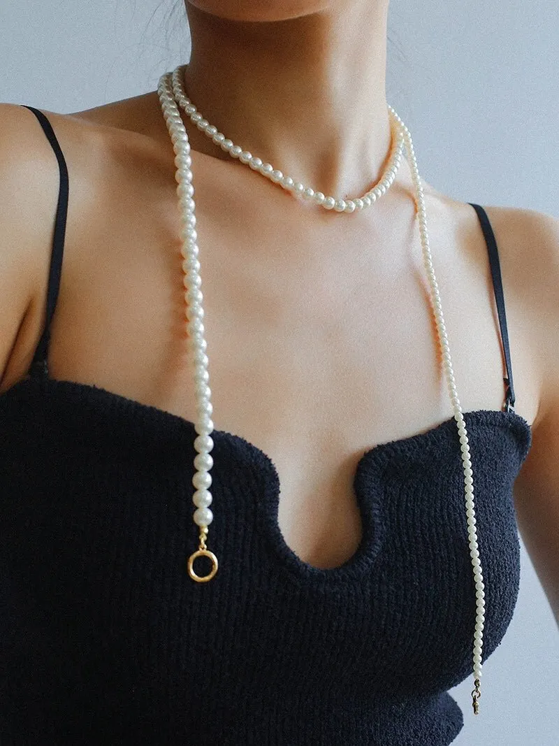 Gradient Pearl Long OT Clasp Necklace Sweater Necklace