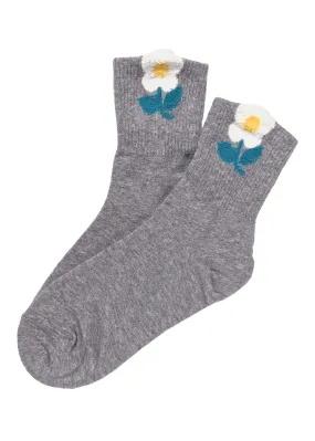 Grey Fluffy Flower Ankle Socks