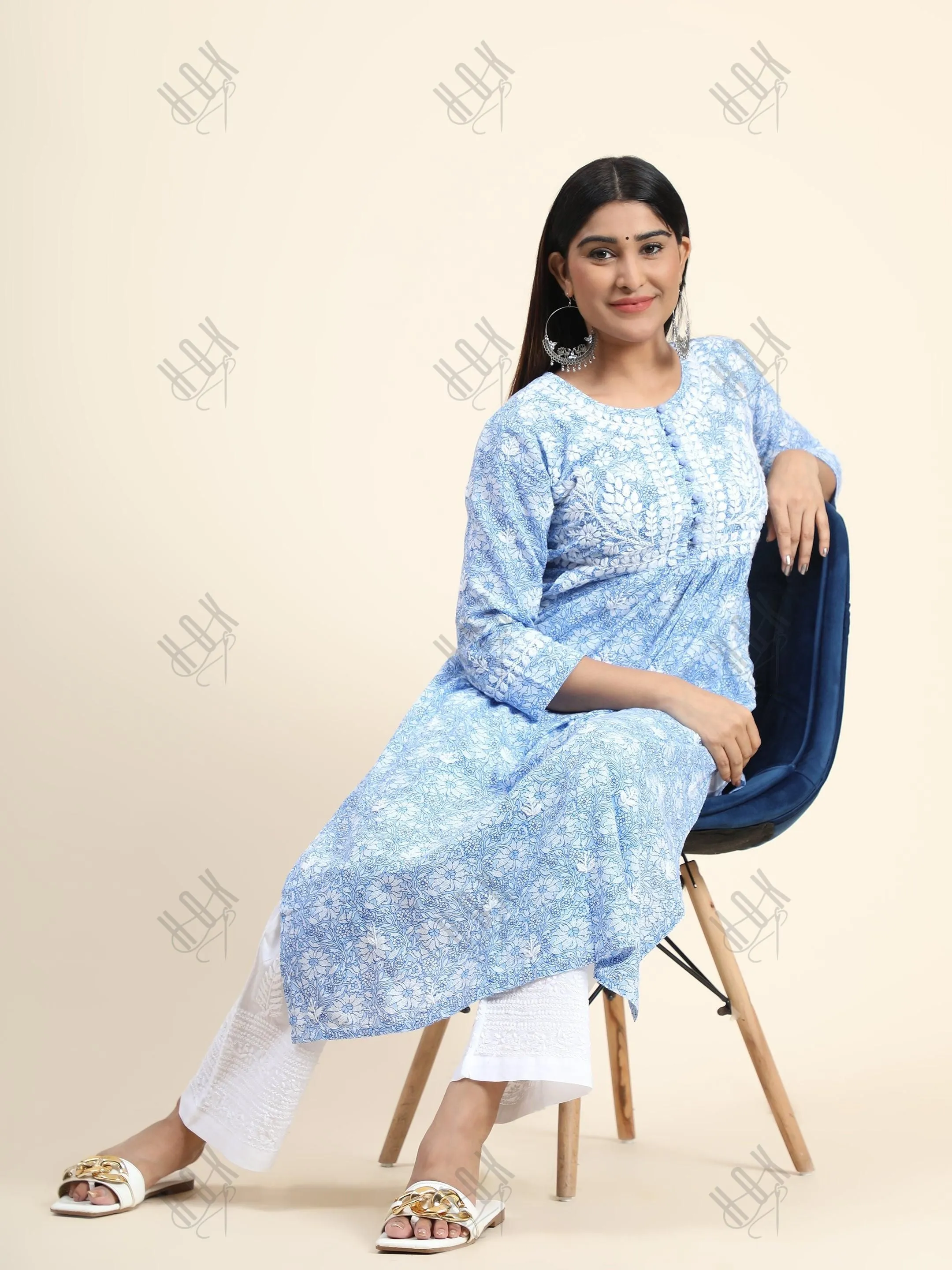 Hand embroidery Chikankari Long Kurta- Printed White