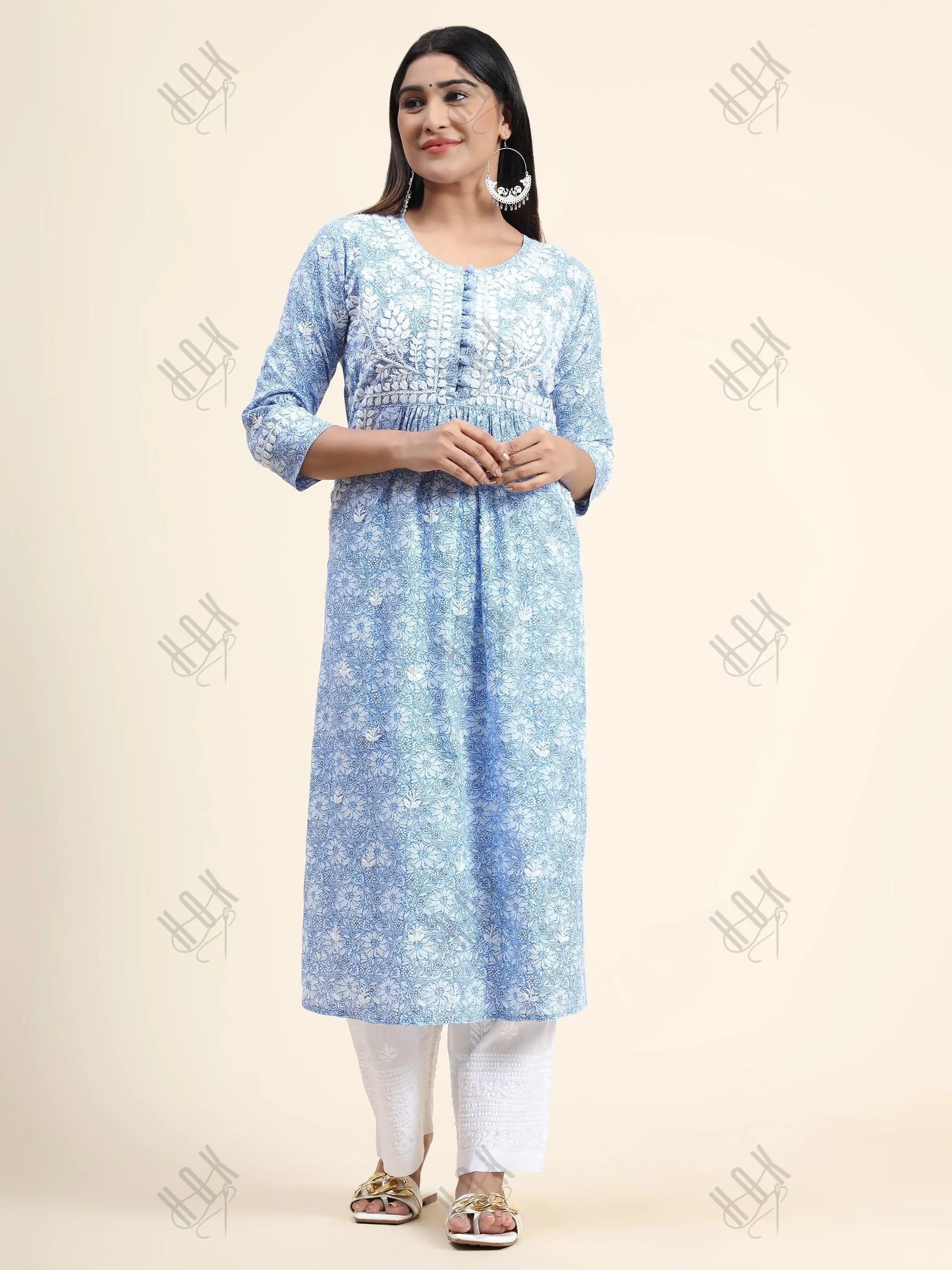 Hand embroidery Chikankari Long Kurta- Printed White