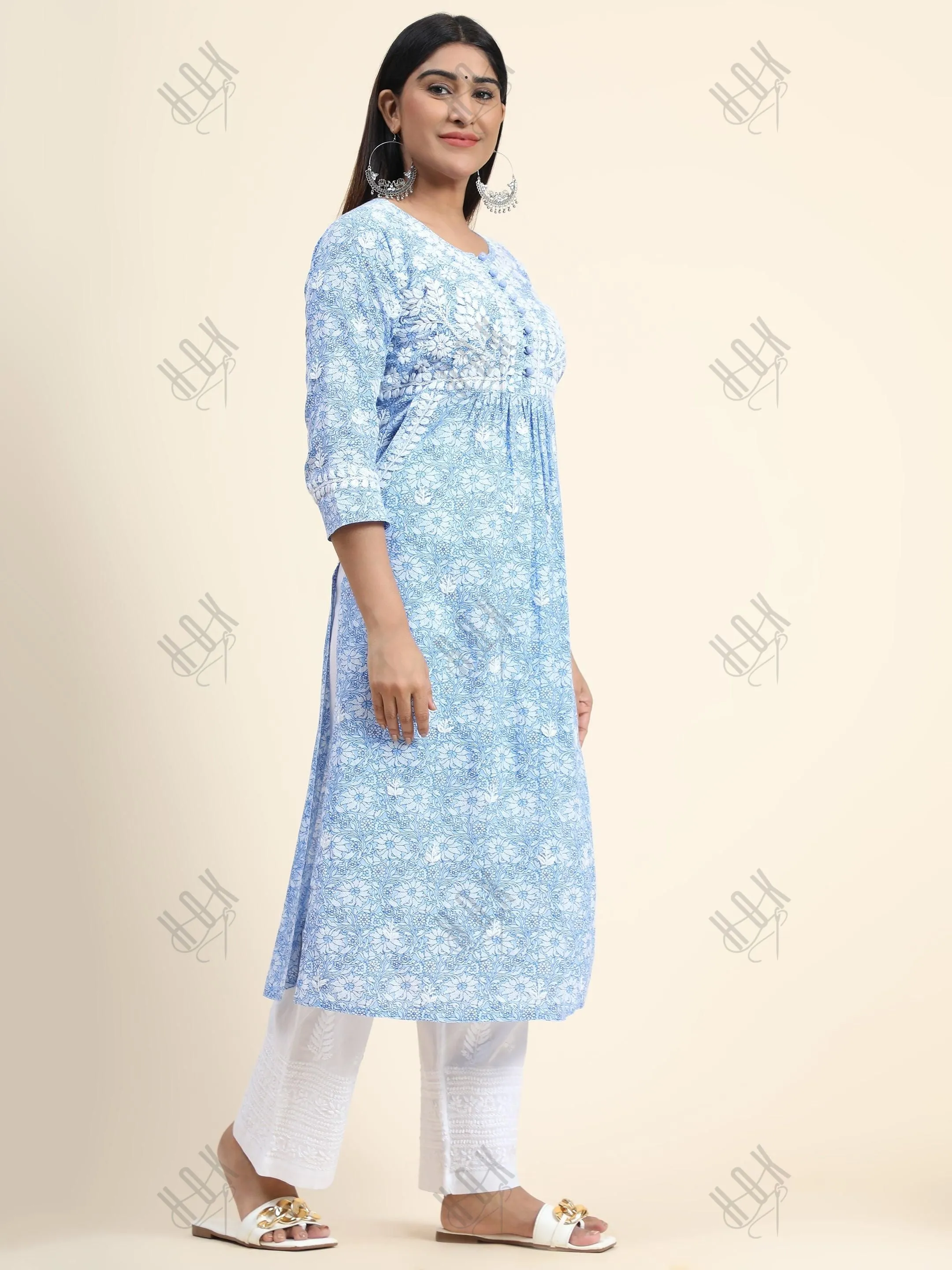 Hand embroidery Chikankari Long Kurta- Printed White