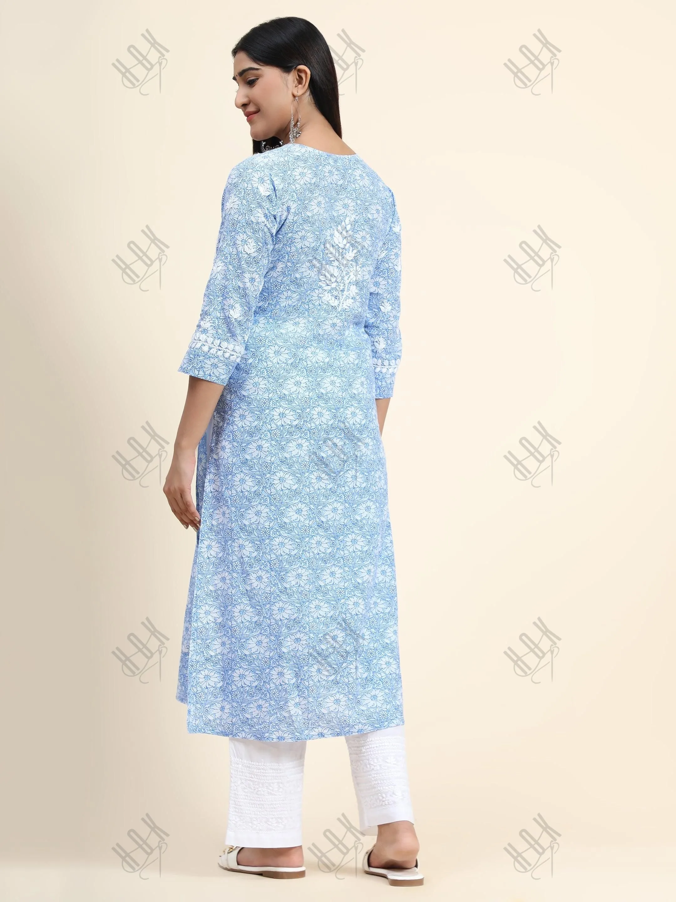 Hand embroidery Chikankari Long Kurta- Printed White