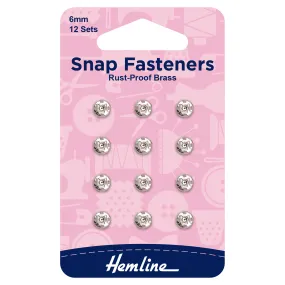 Hemline Snap Fasteners: Sew-on: Nickel: 6mm: Pack of 12