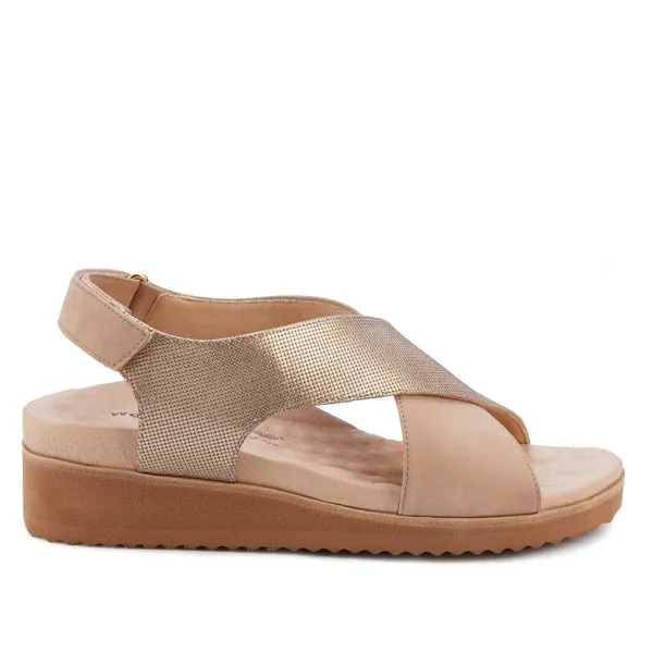 Henley Sandal: Light Taupe Nubuck and Gold Stamped Leather I Walking Cradle