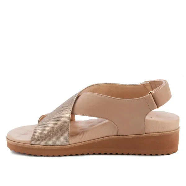 Henley Sandal: Light Taupe Nubuck and Gold Stamped Leather I Walking Cradle