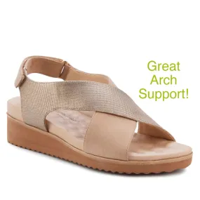 Henley Sandal: Light Taupe Nubuck and Gold Stamped Leather I Walking Cradle