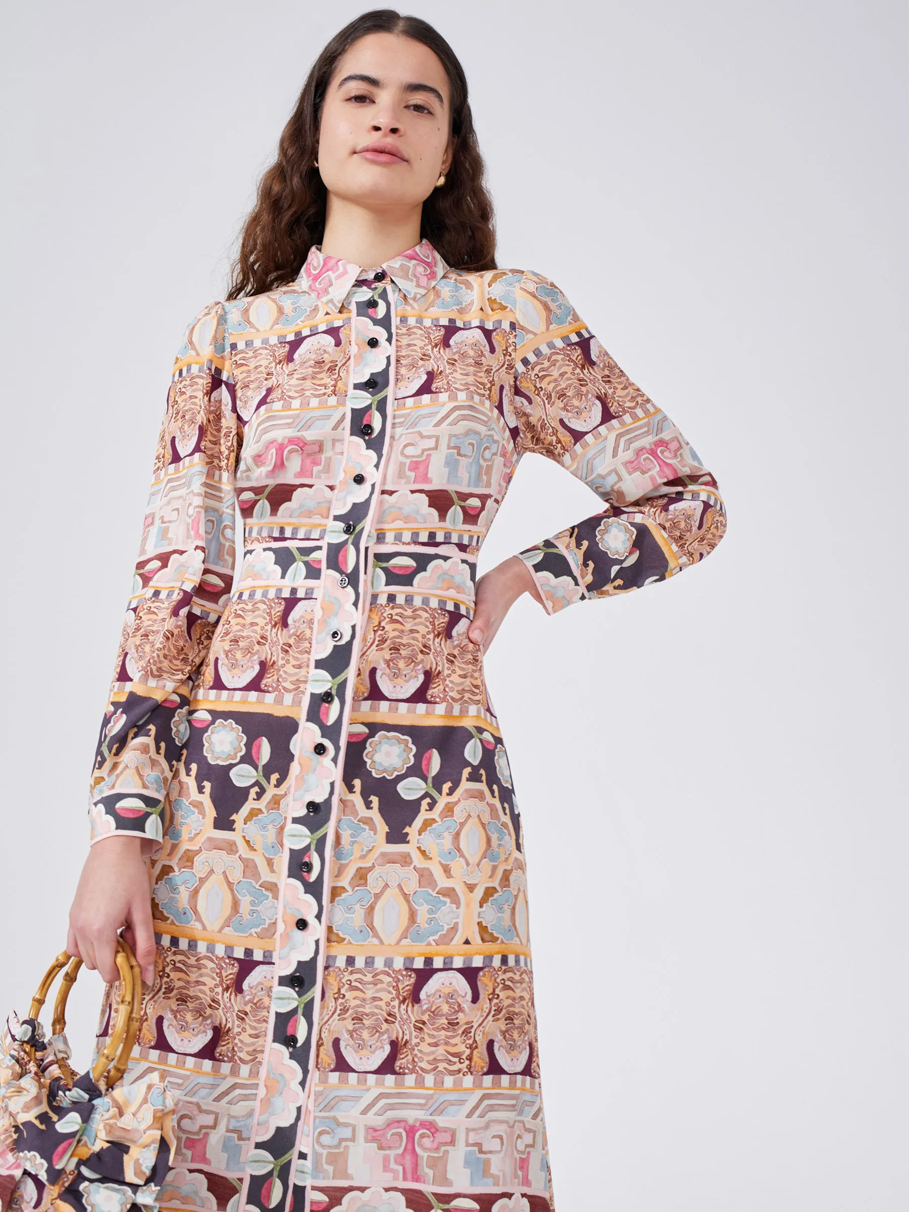 Lotus Tiger Silk Maxi Shirt Dress