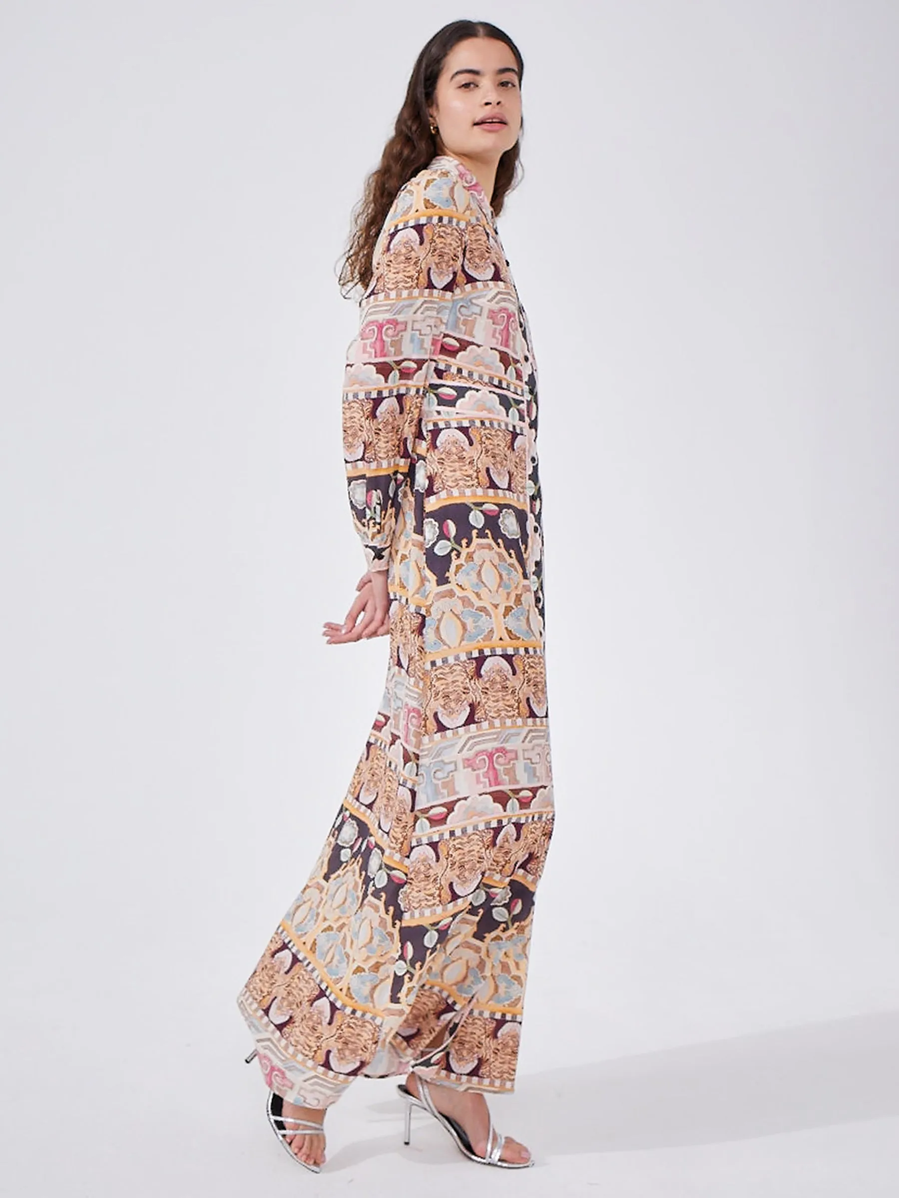 Lotus Tiger Silk Maxi Shirt Dress