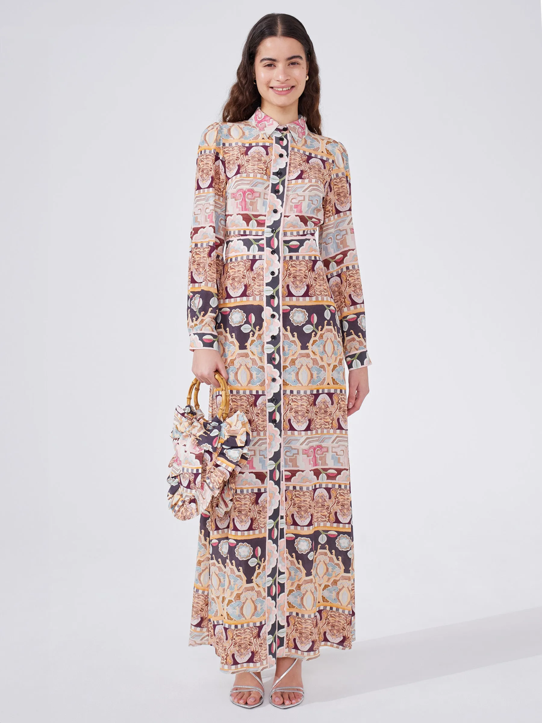 Lotus Tiger Silk Maxi Shirt Dress