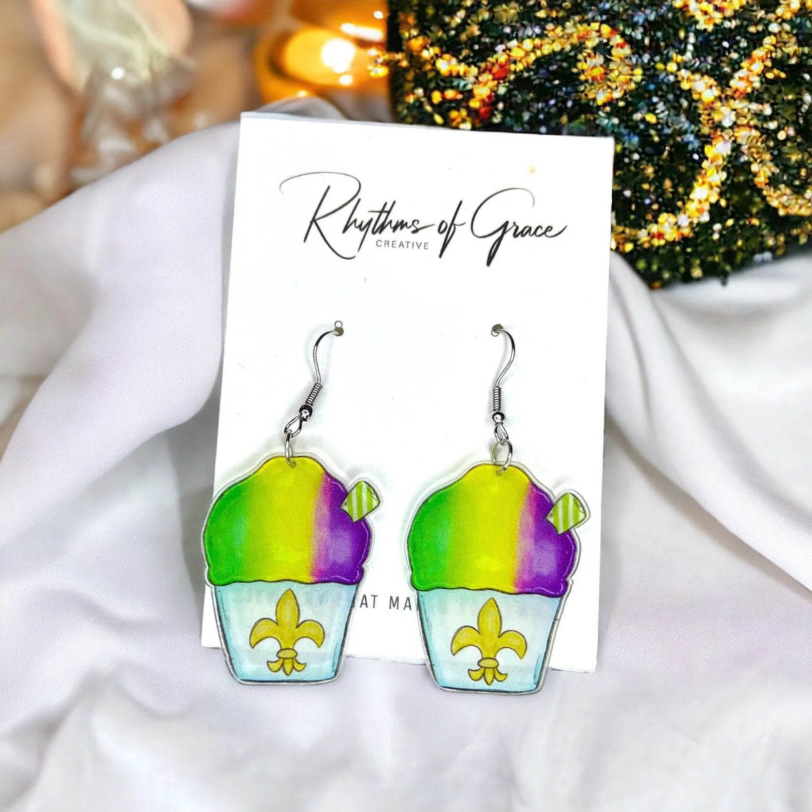 Mardi Gras Earrings - Handmade Jewelry, Snowball Earrings, New Orleans, Purple Green Gold, Mardi Gras Jewelry, Parade Outfit, Sneaux Ball