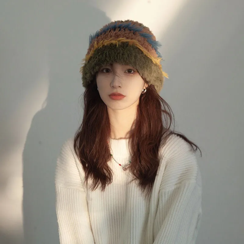 Mixed Stripe Plush Knit Hat