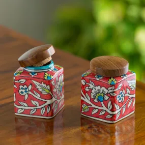 'Mughal Cuboidal Pair' Floral Handpainted Multi Utility Storage Jars & Containers In Ceramic (Airtight, Set of 2, 240 ML, 3.8 Inch)