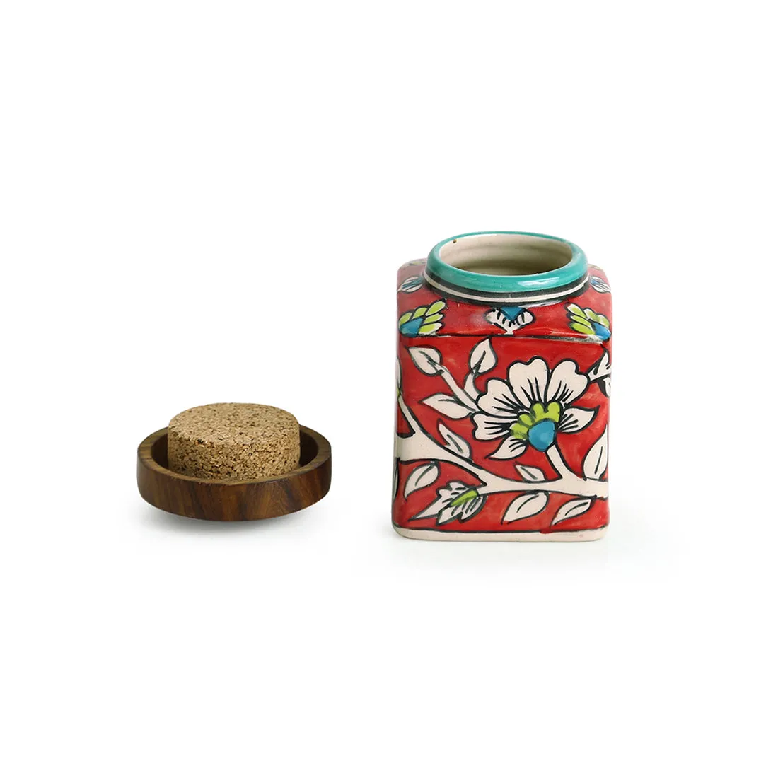 'Mughal Cuboidal Pair' Floral Handpainted Multi Utility Storage Jars & Containers In Ceramic (Airtight, Set of 2, 240 ML, 3.8 Inch)