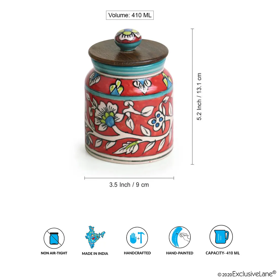 'Mughal Cylindrical Duo' Floral Handpainted Multi Utility Storage Jars & Containers In Ceramic (Non-Airtight, Set of 2, 410 ML, 5.2 Inch)