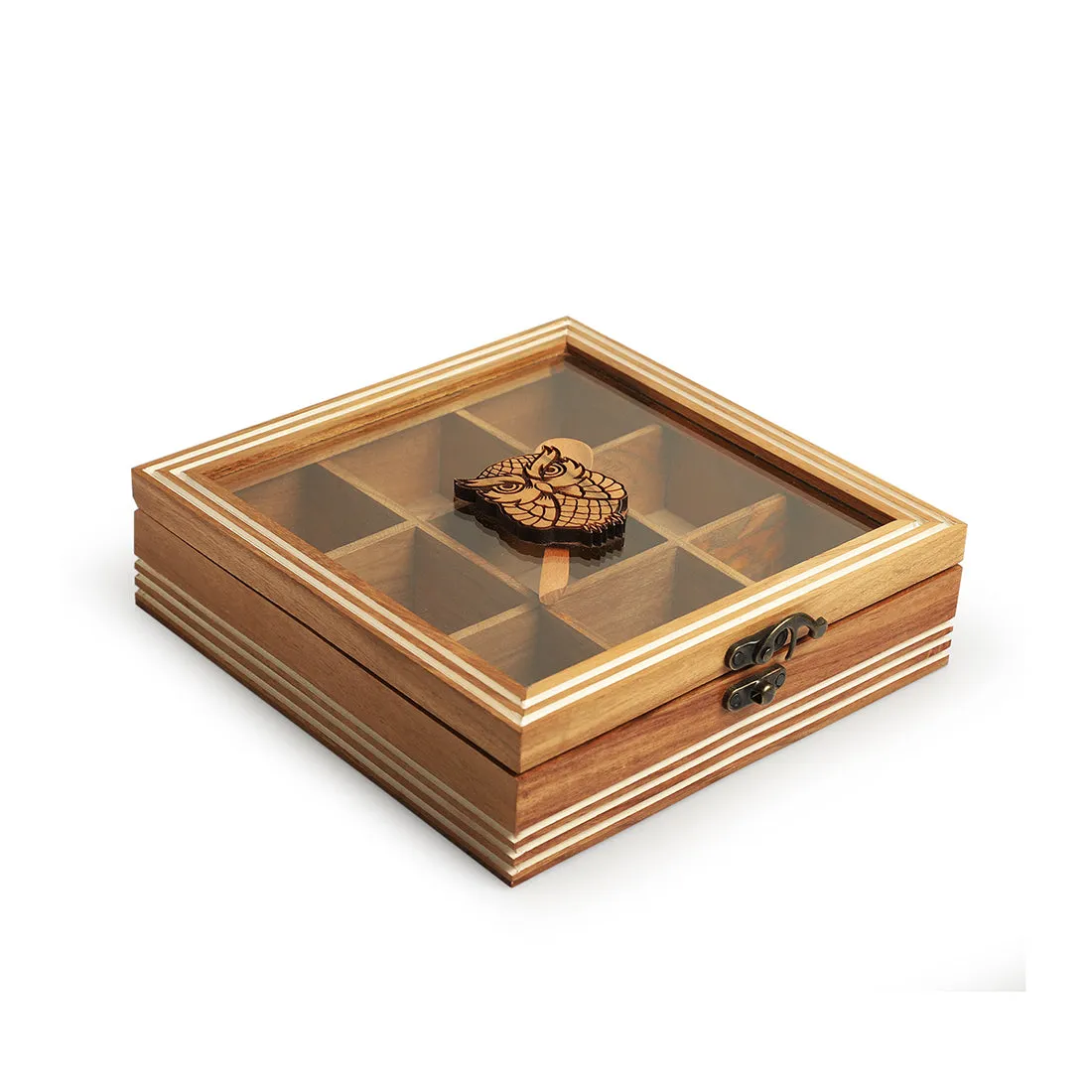 'Mystic Owl' Hand-Engraved Spice Box With Spoon In Teak Wood (9 Fixed Partitions, 110 ml)