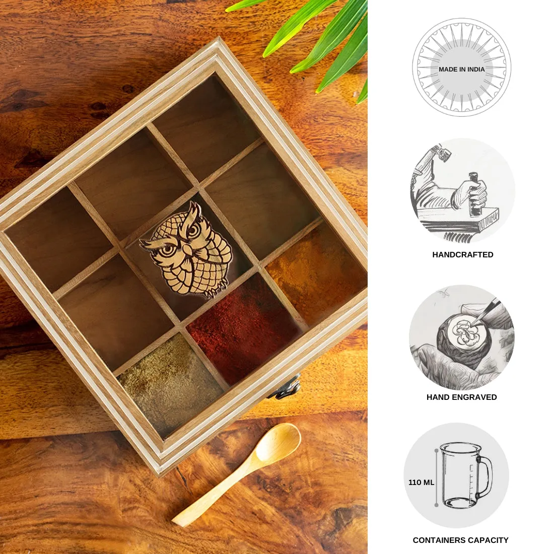 'Mystic Owl' Hand-Engraved Spice Box With Spoon In Teak Wood (9 Fixed Partitions, 110 ml)