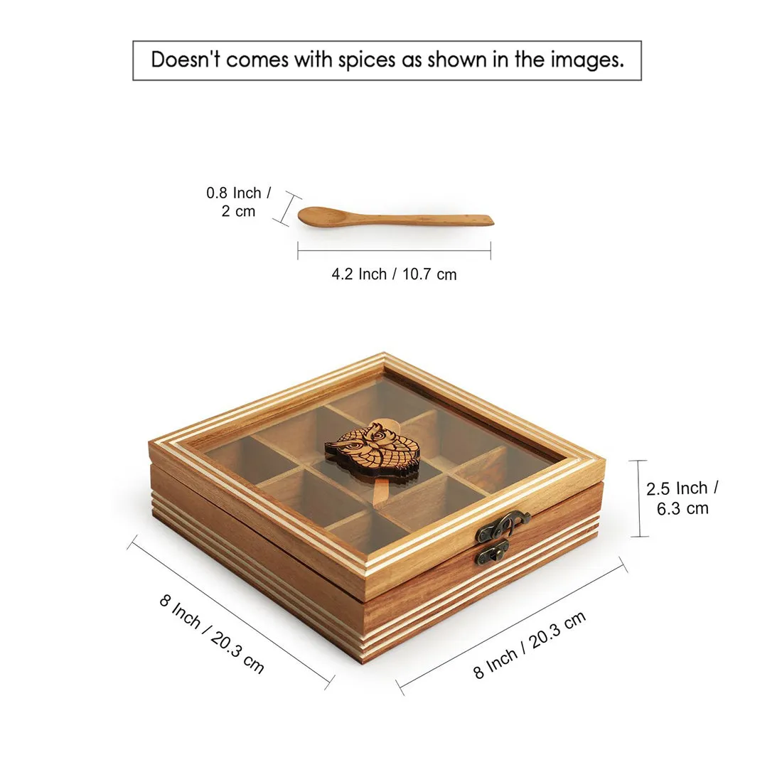 'Mystic Owl' Hand-Engraved Spice Box With Spoon In Teak Wood (9 Fixed Partitions, 110 ml)