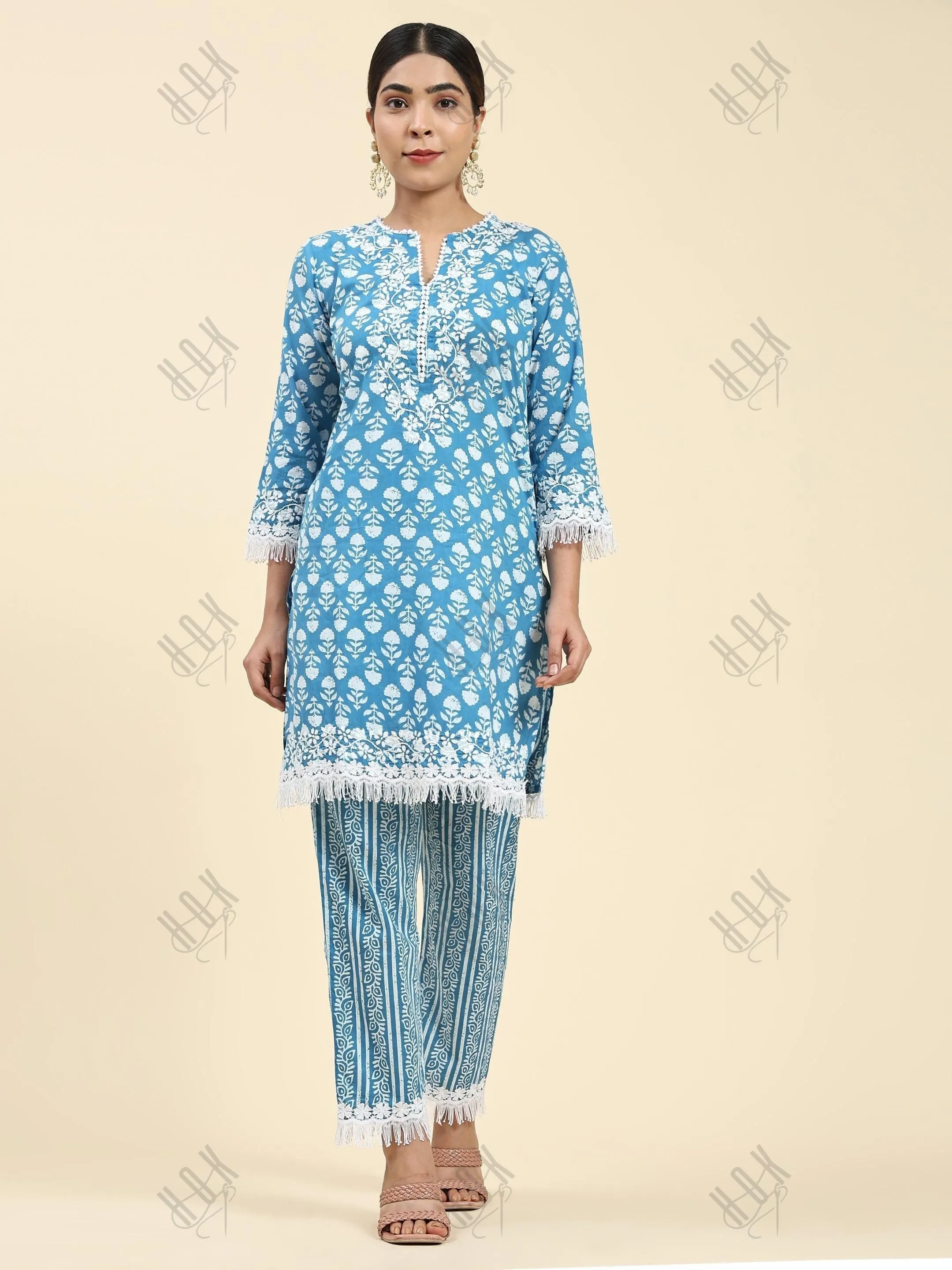 Nikki in House of kari Chikankari Co-ord set in Cotton for Women- Blue