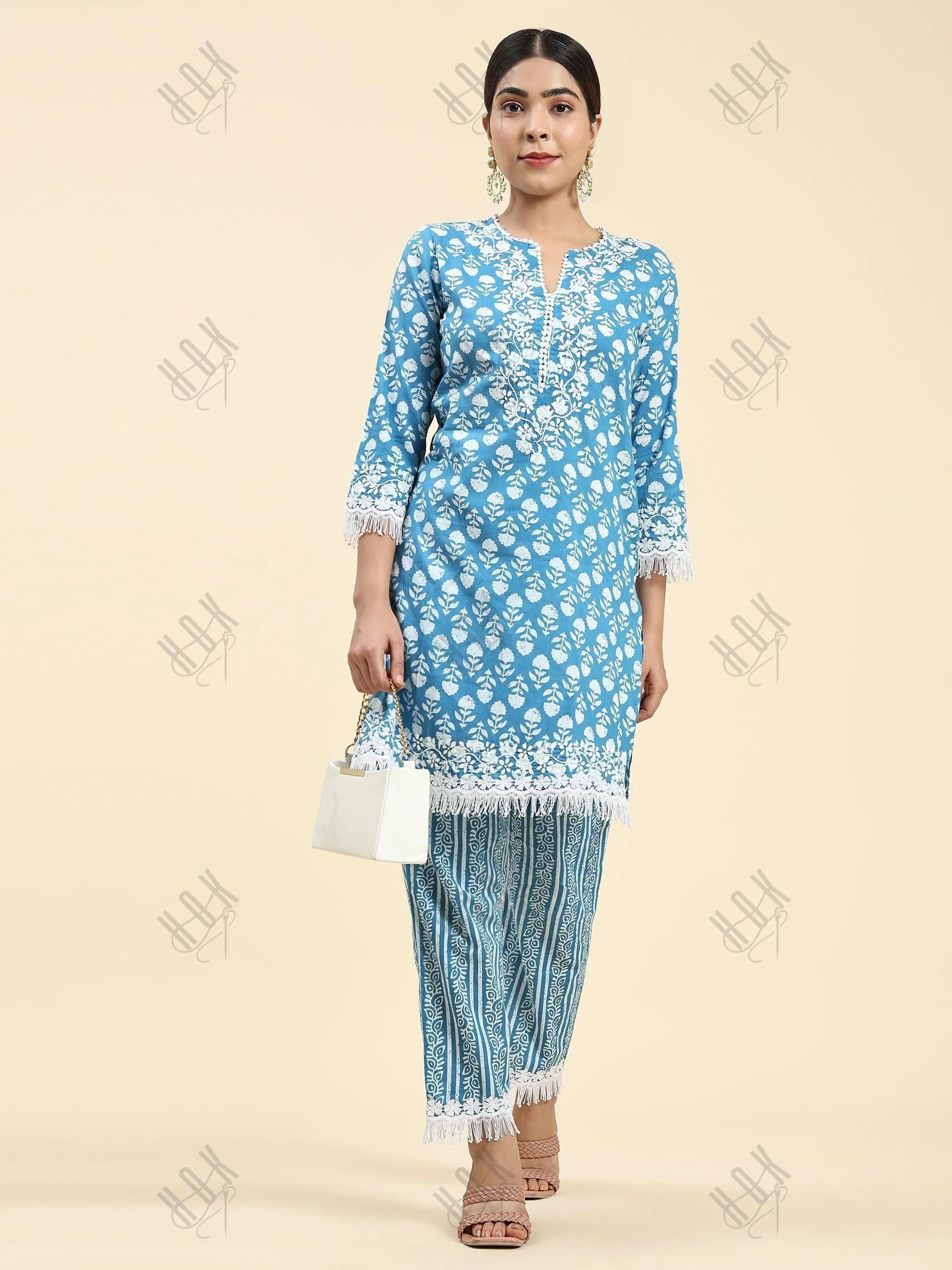 Nikki in House of kari Chikankari Co-ord set in Cotton for Women- Blue