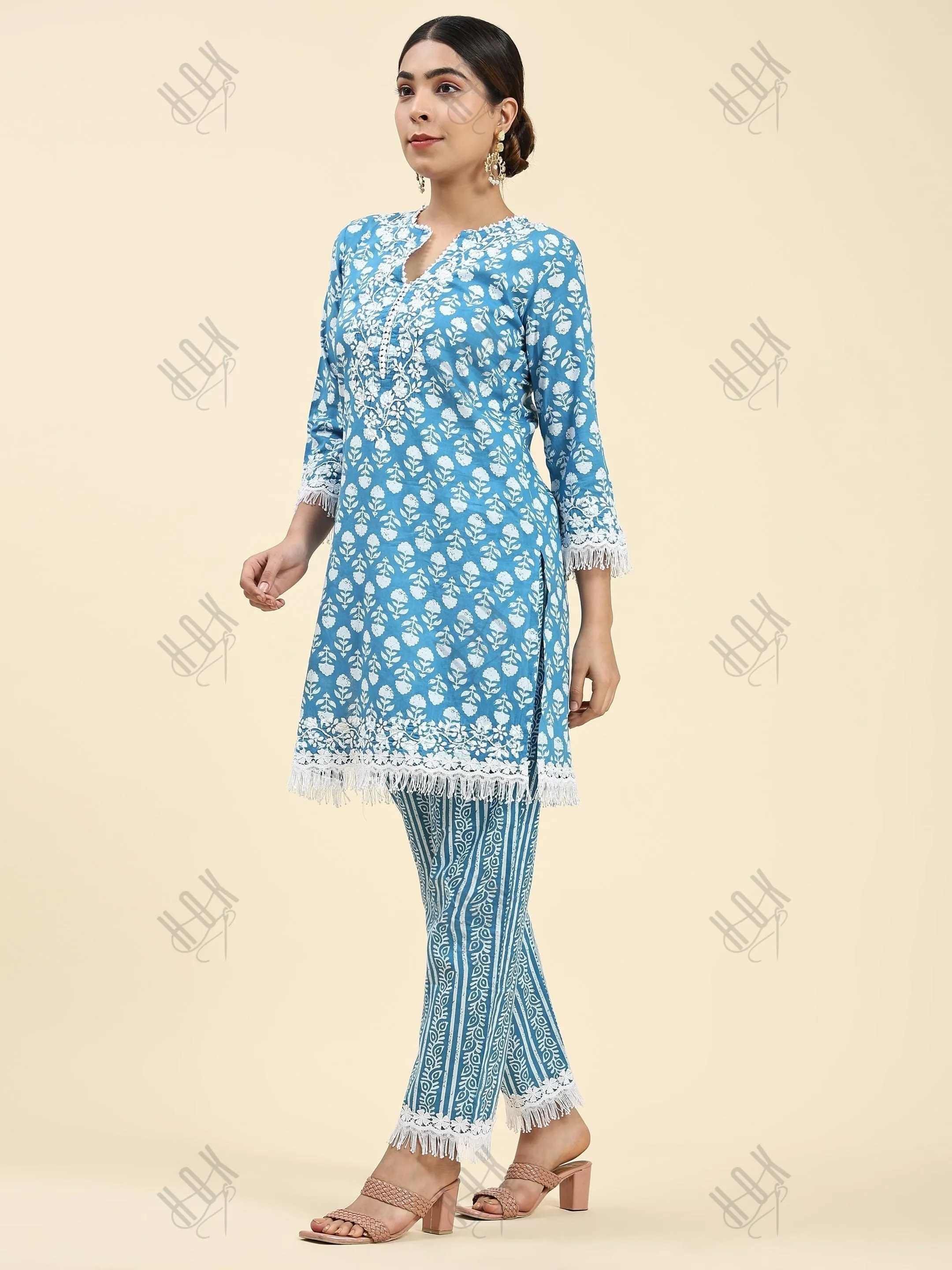 Nikki in House of kari Chikankari Co-ord set in Cotton for Women- Blue