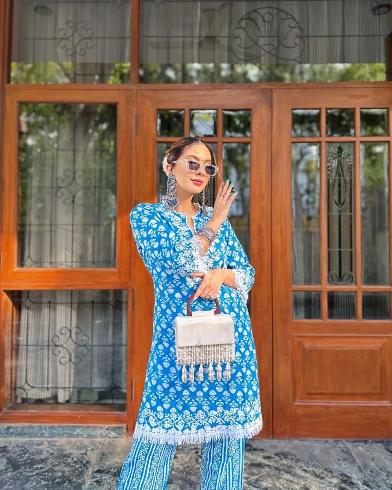 Nikki in House of kari Chikankari Co-ord set in Cotton for Women- Blue