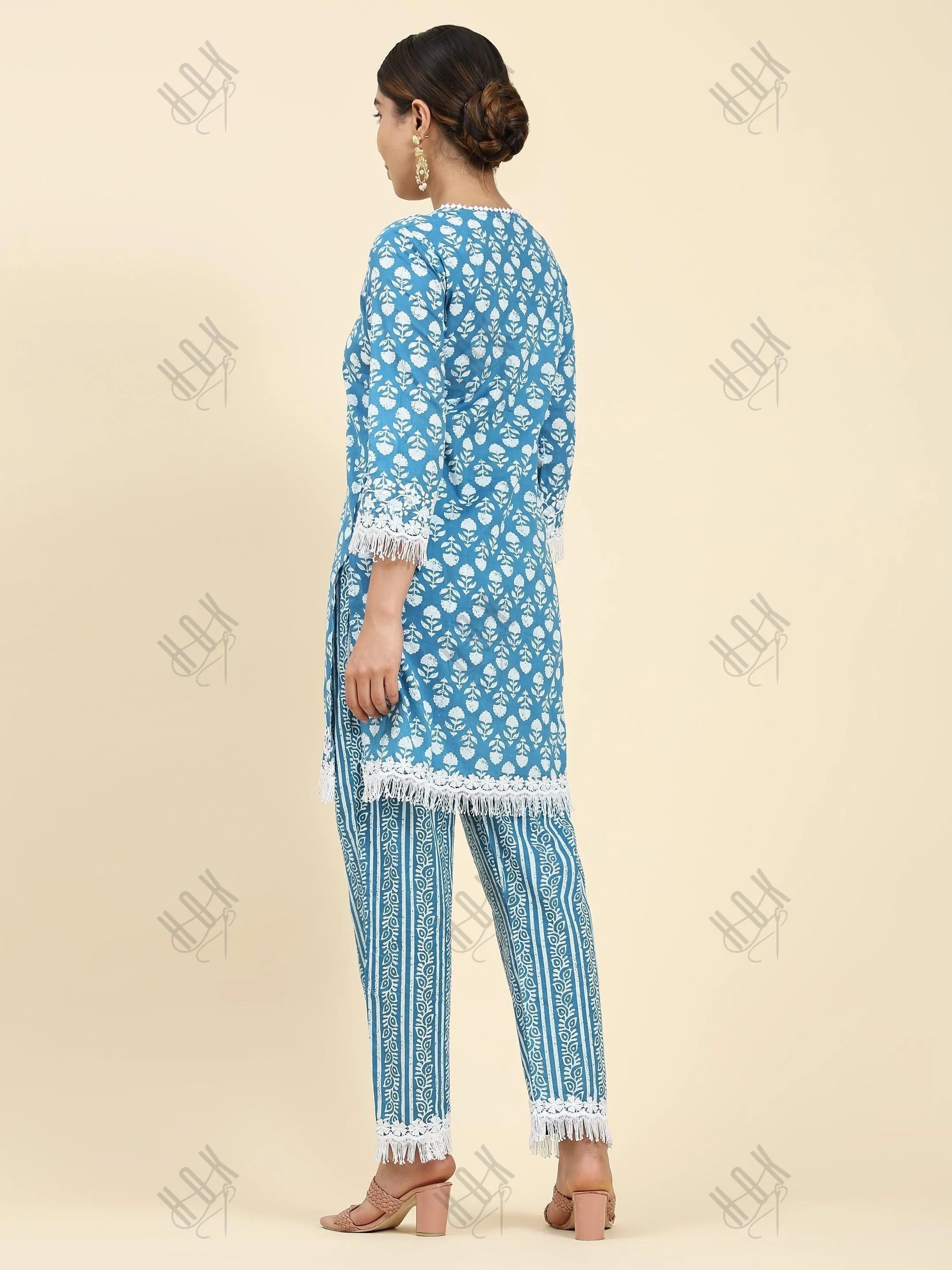 Nikki in House of kari Chikankari Co-ord set in Cotton for Women- Blue