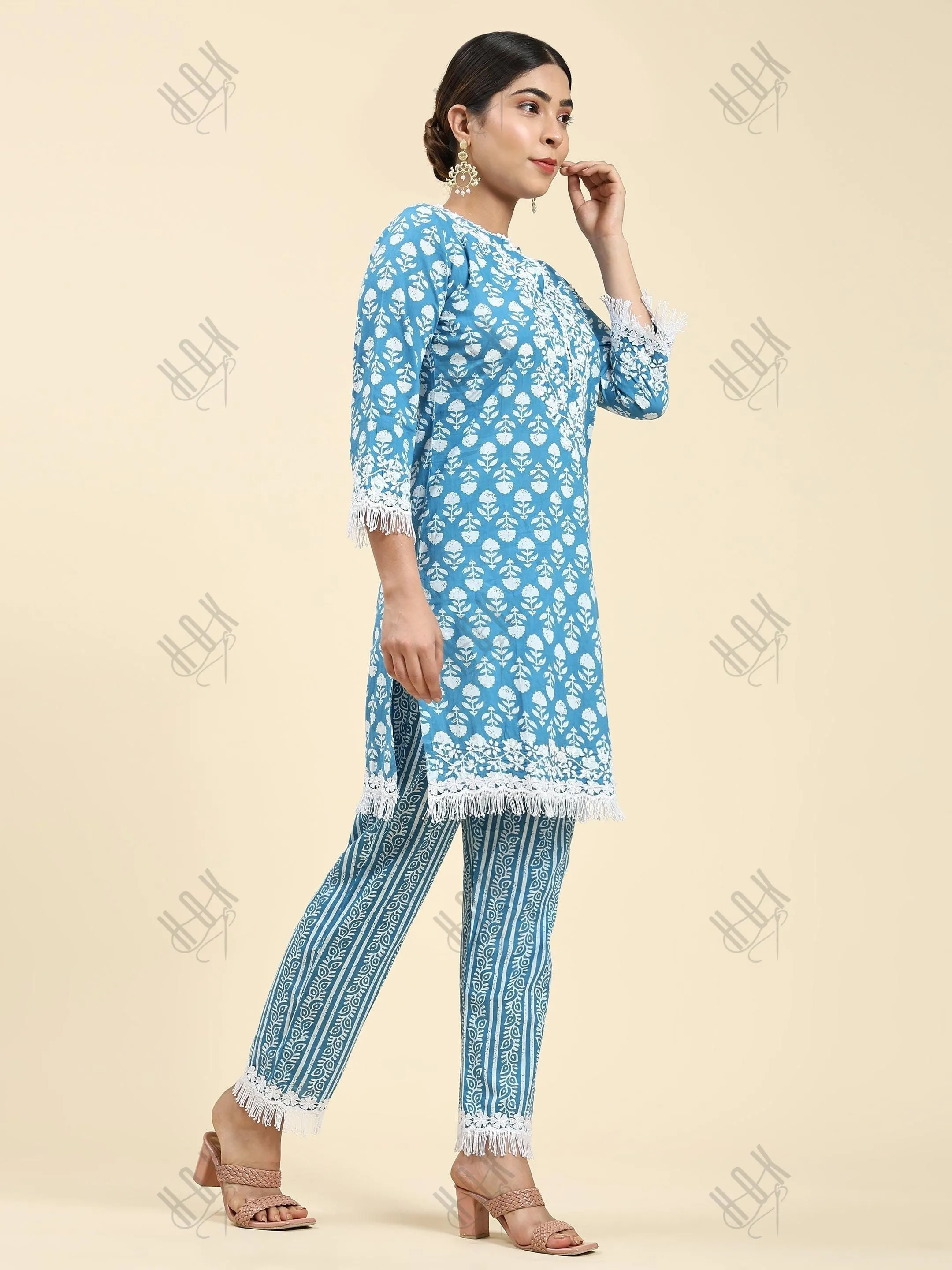 Nikki in House of kari Chikankari Co-ord set in Cotton for Women- Blue