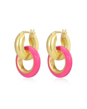 Pave Interlock Hoops- Hot Pink- Gold