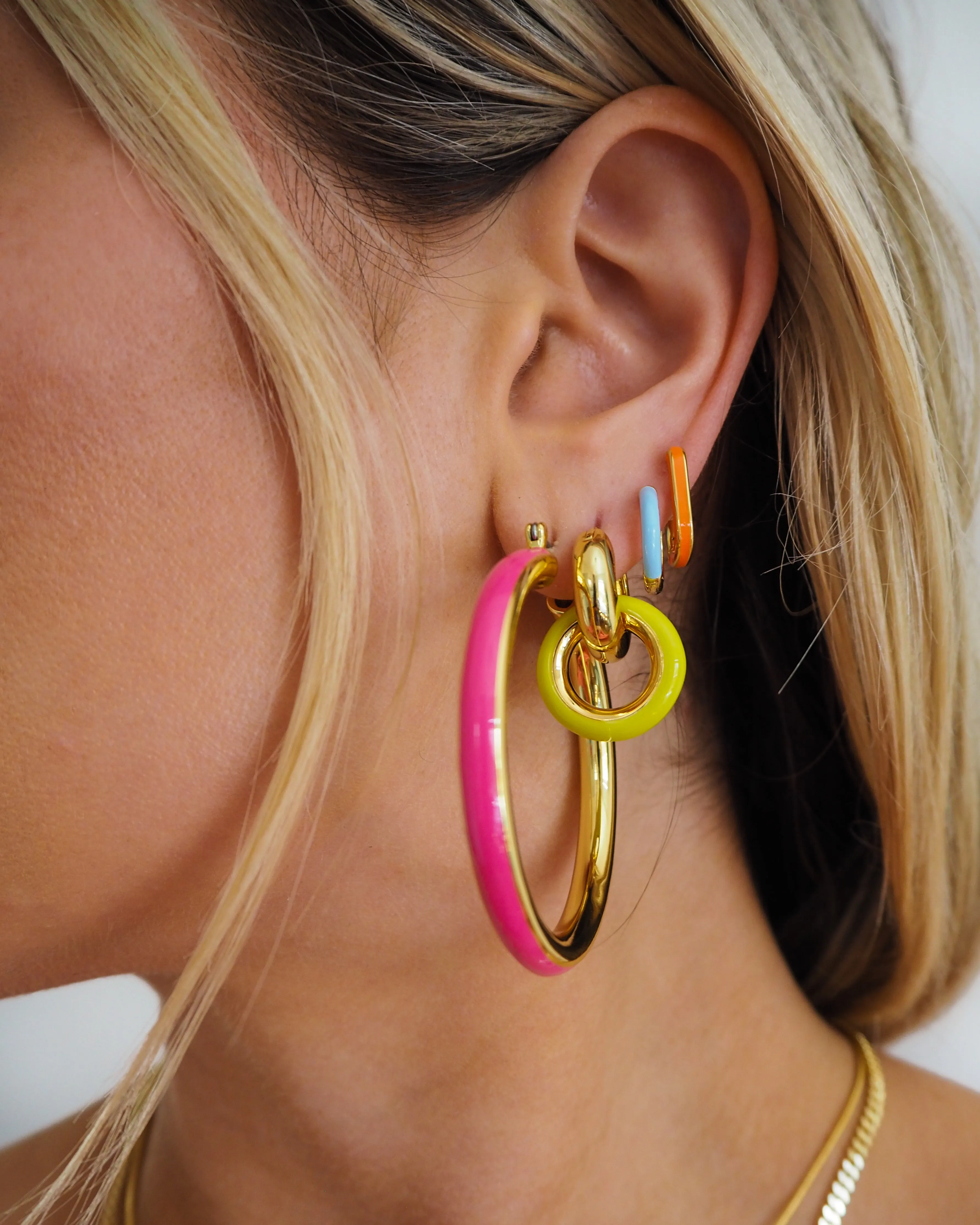 Pave Interlock Hoops- Neon Yellow- Gold